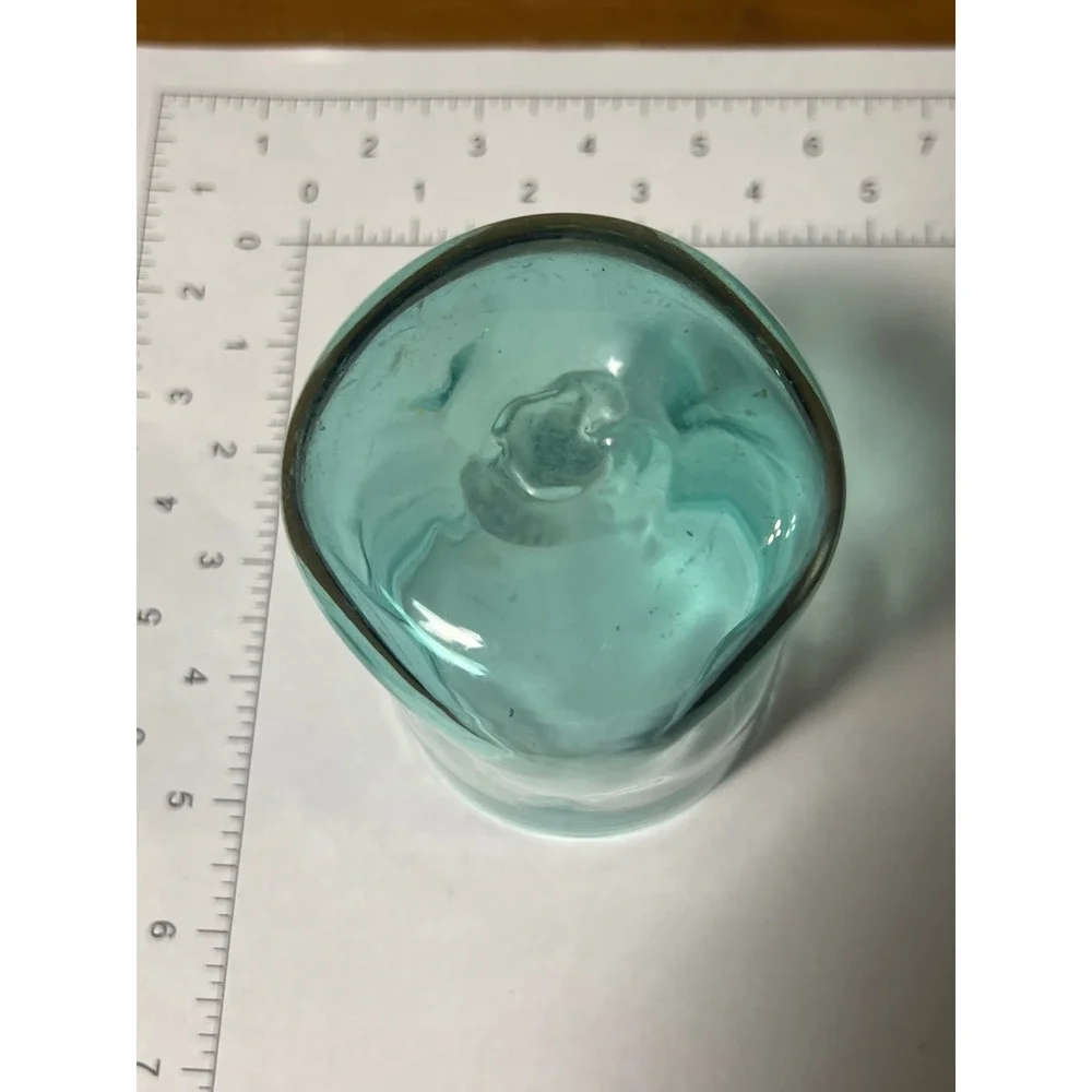 Hand Blown Aqua Teal Art Glass Tumbler Wavy‎ Thumbprint Juice Water Glass 4.5